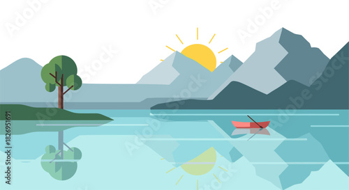 Tranquil lake scene at sunrise with mountains and boat in flat design