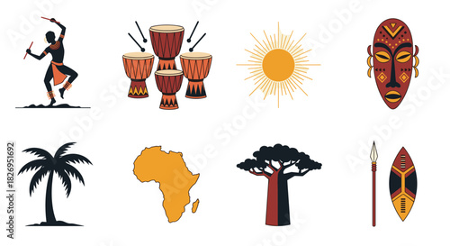 African cultural icons: silhouette dance, traditional drums, sun symbol, tribal art