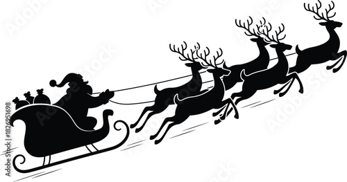Black silhouette of Santa Claus in a sleigh pulled by reindeer