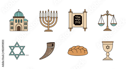 Jewish symbols set: icons of culture and tradition in flat design