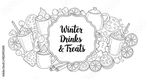Cozy winter treats and beverages collection with hot drinks and desserts