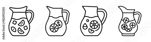 Illustration of pitchers with citrus fruit slices, refreshing summer drink concept, black outline drawing