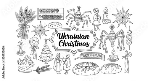 Traditional ukrainian christmas symbols and decorations in black and white line art style