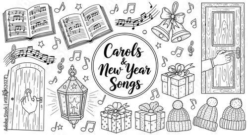 Festive holiday music and gifts in hand drawn doodle style