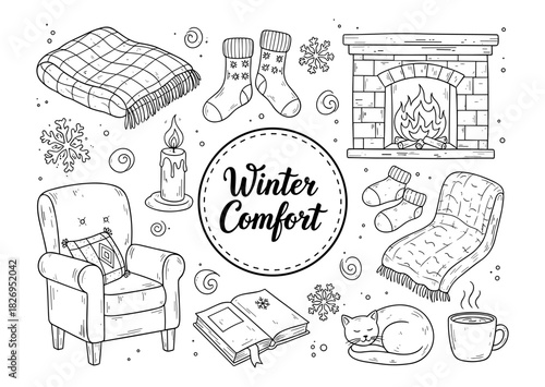 Cozy winter essentials in doodle style with warm fireplace and comforting details
