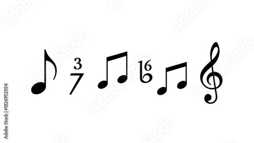 Musical Notes and Time Signatures on a White Background.