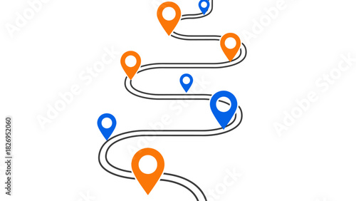Navigational Map Pins Showing a Winding Route with Multiple Destinations.