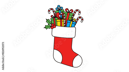 Red Christmas stocking filled with colorful gifts and candy canes.