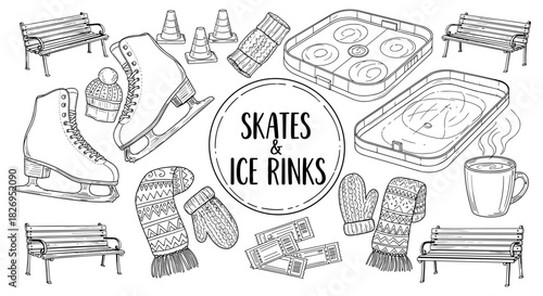 Winter sports and ice rink equipment sketch with skates, benches, and cones