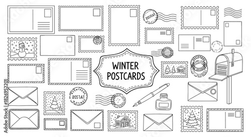 Hand-drawn winter postcard elements with stamps and envelopes