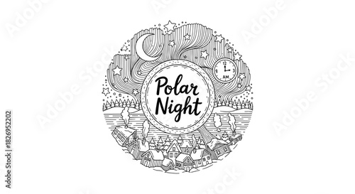 Circular black and white polar night scene with village and stars
