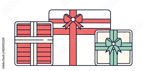 Three decorative gift boxes are arranged together with ribbons and bows.