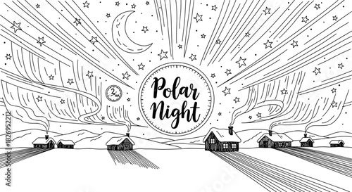 Polar night scene with snowy landscape and starry sky in black and white line art style