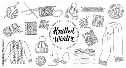 Knitted winter essentials: cozy sweaters, hats, and yarn patterns in linear style