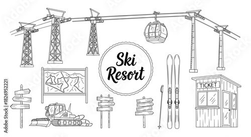 Ski resort elements with cable cars, snow groomer, and ticket booth in linear style