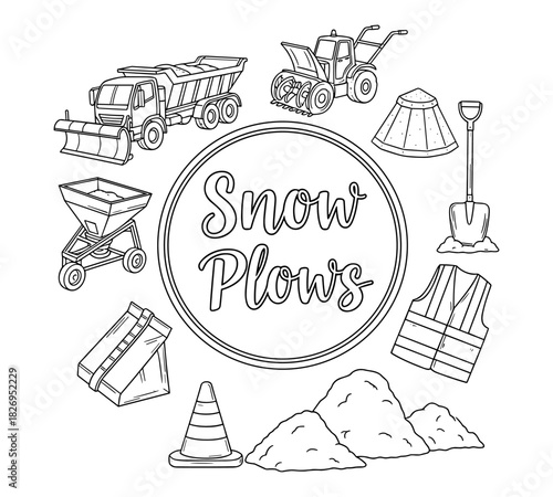 Snow removal tools and equipment in linear style for winter maintenance projects