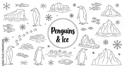 Black and white penguin and ice landscape doodle with snowflakes and fish