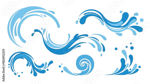 Set of stylized blue water wave and splash elements on a white background.