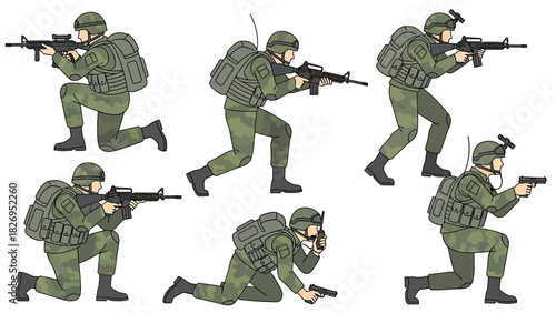 Set of six detailed illustrations of soldiers in various combat poses.