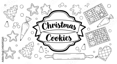 Festive christmas cookie baking scene with rolling pin and icing bag