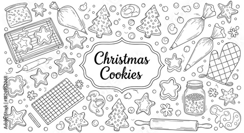 Festive christmas cookies doodle with baking tools and treats in monochrome