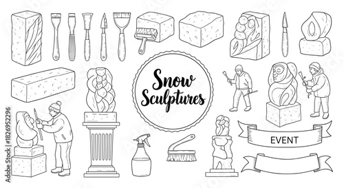 Line art of snow sculpture festival with tools and artists in action