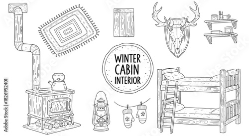 Cozy winter cabin interior with rustic decor and fireplace elements in detailed line art