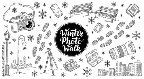 Winter photography walk with vintage camera and snow elements illustration