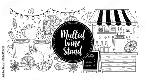 Cozy mulled wine stand with cups, cinnamon, and citrus in a festive setting