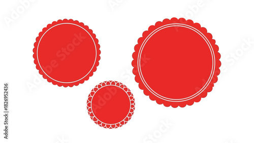 Set of three red circular badges with decorative scalloped edges.