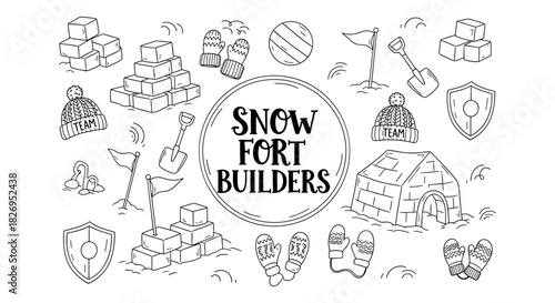 Winter fun: snow fort building adventure for kids in line art