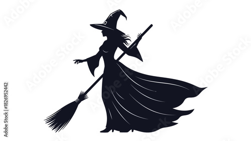 Silhouette of a Witch Flying on a Broomstick.