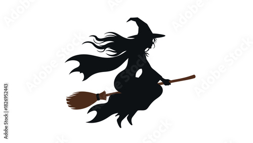 Silhouette of a flying witch on a broomstick.