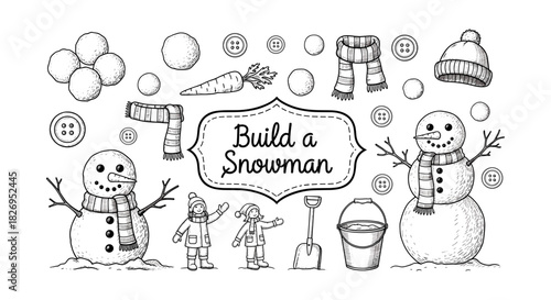 Build a snowman set with accessories and winter elements in hand-drawn style