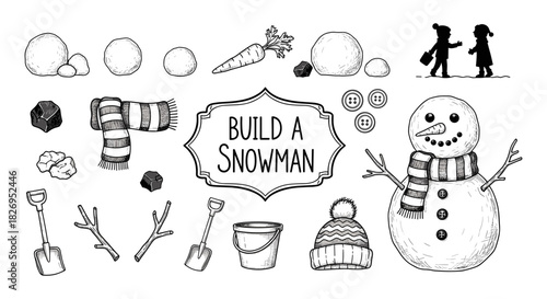 Create your own snowman: winter elements and accessories in detailed line art