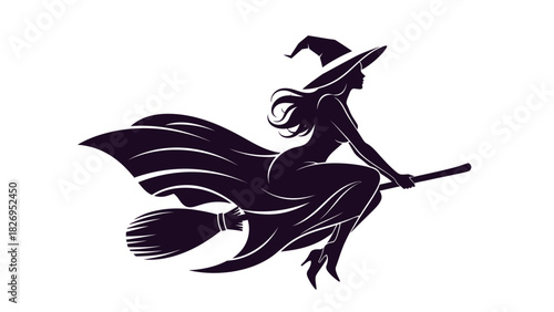 Silhouette of a witch flying on a broomstick at night.