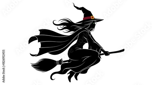 Silhouette of a Witch Flying on a Broomstick.