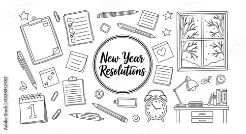 New year resolutions with office supplies and winter window in linear style