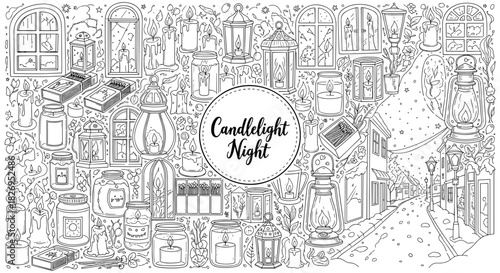 Candlelight night: intricate black and white line art with lanterns and street scene