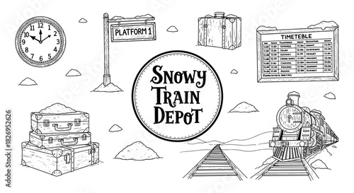 Retro train station elements in snowy landscape with vintage luggage and clock