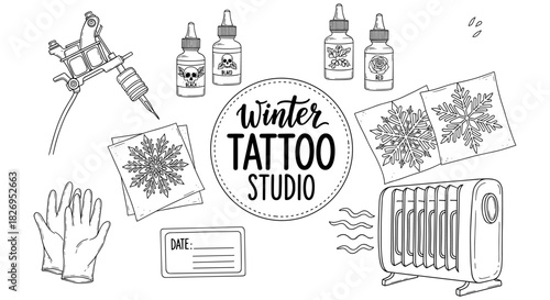 Winter tattoo studio essentials with snowflake designs and heater in linear style