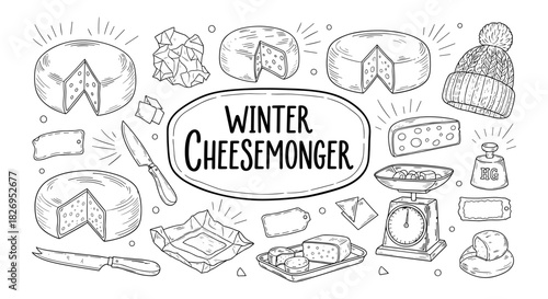 Winter cheese collection: black and white doodle of cheese, tools, and accessories