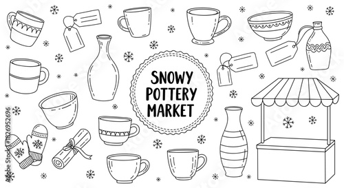 Snowy pottery market scene with hand drawn cups, vases, tags, and booth
