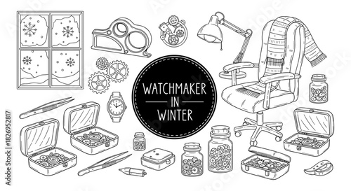 Watchmaker's cozy winter workshop: vintage tools and snowy decor in detailed line art