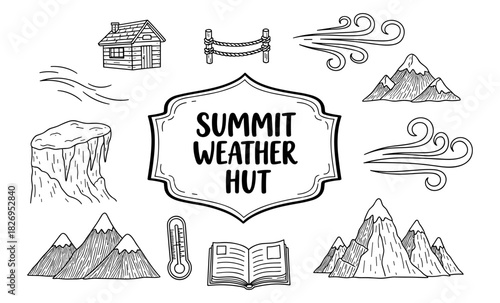 Hand-drawn mountain weather elements with wind icons and summit hut