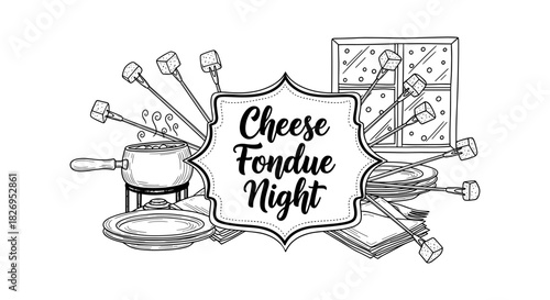 Cozy cheese fondue night in winter with melting pot and marshmallow sticks