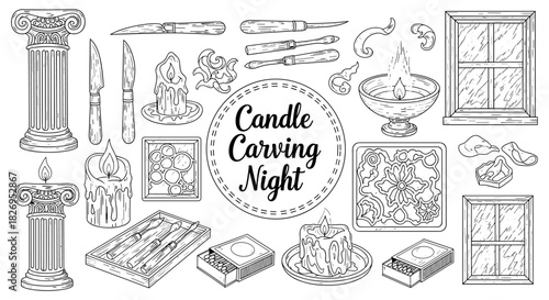 Candle carving night: hand drawn elements with tools and decorative candles in monochrome style