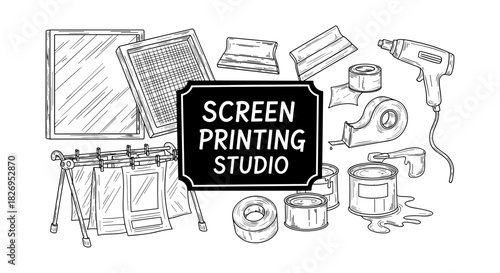 Screen printing tools and equipment in vintage style for diy printing projects