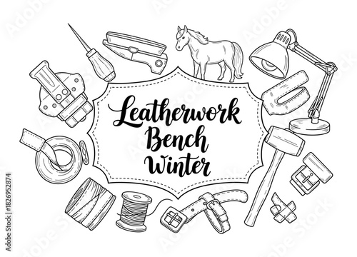 Leather crafting tools and accessories in winter theme outline
