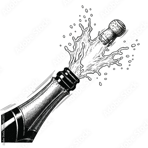 Dynamic monochrome ink sketch of a champagne bottle exploding with energetic spray, flying cork, and expressive cross-hatched linework